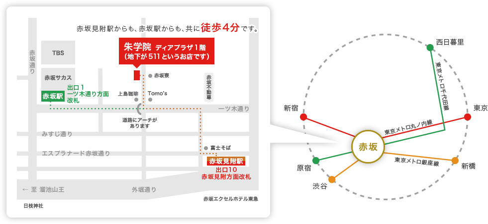 赤坂見附駅からも、赤坂駅からも、共に徒歩4分です。朱学院 ディアプラザ1階 （地下が511というお店です）